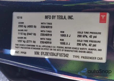 2018 Tesla Model 3 Long Range/Performance from USA, damaged, VIN 5YJ3E1EB4JF187342